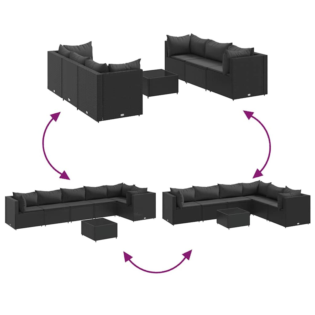 Diagramm, das ein modulares Sofa in verschiedenen Konfigurationen zeigt. Schwarze Korbflechtoptik mit grauen Kissen.