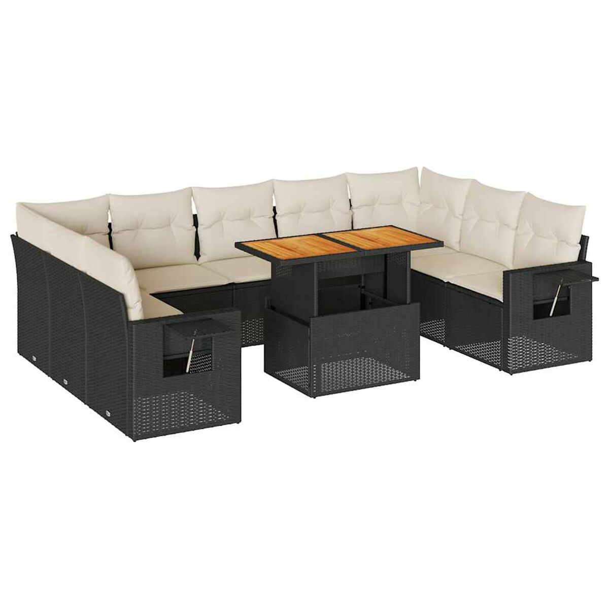 Divano componibile da esterno in vimini nero con cuscini beige e piano in legno.