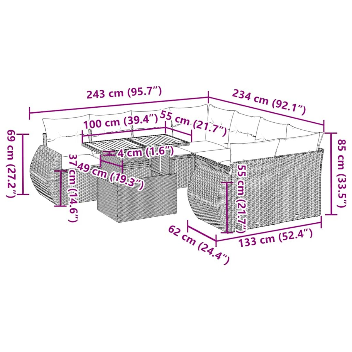 Schema di un set divano in rattan da esterno con dimensioni. Mostra divano, tavolo e dimensioni.