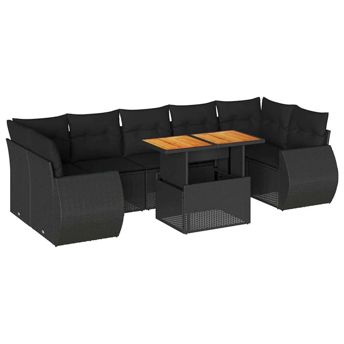Set di mobili da esterno in vimini nero con cuscini neri e tavolo con piano rialzabile.