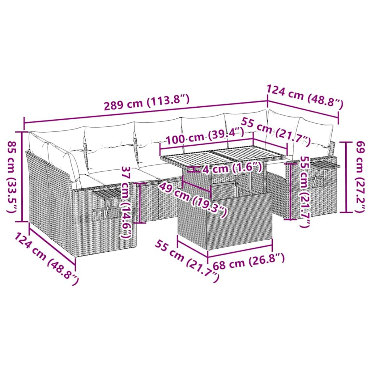 Set da patio esterno con dimensioni. Divano a L e tavolo elevabile.