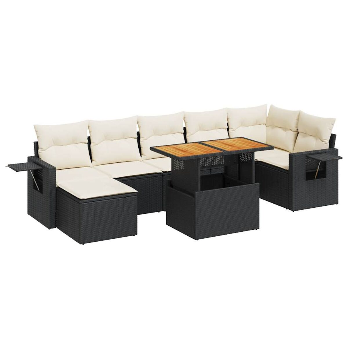 Divano componibile da esterno in vimini nero con cuscini color crema e tavolo con piano in legno.