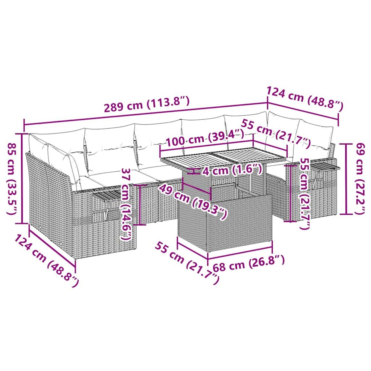 Set di mobili da esterno in vimini con cuscini. Include divano, tavolo e dimensioni in cm e pollici.