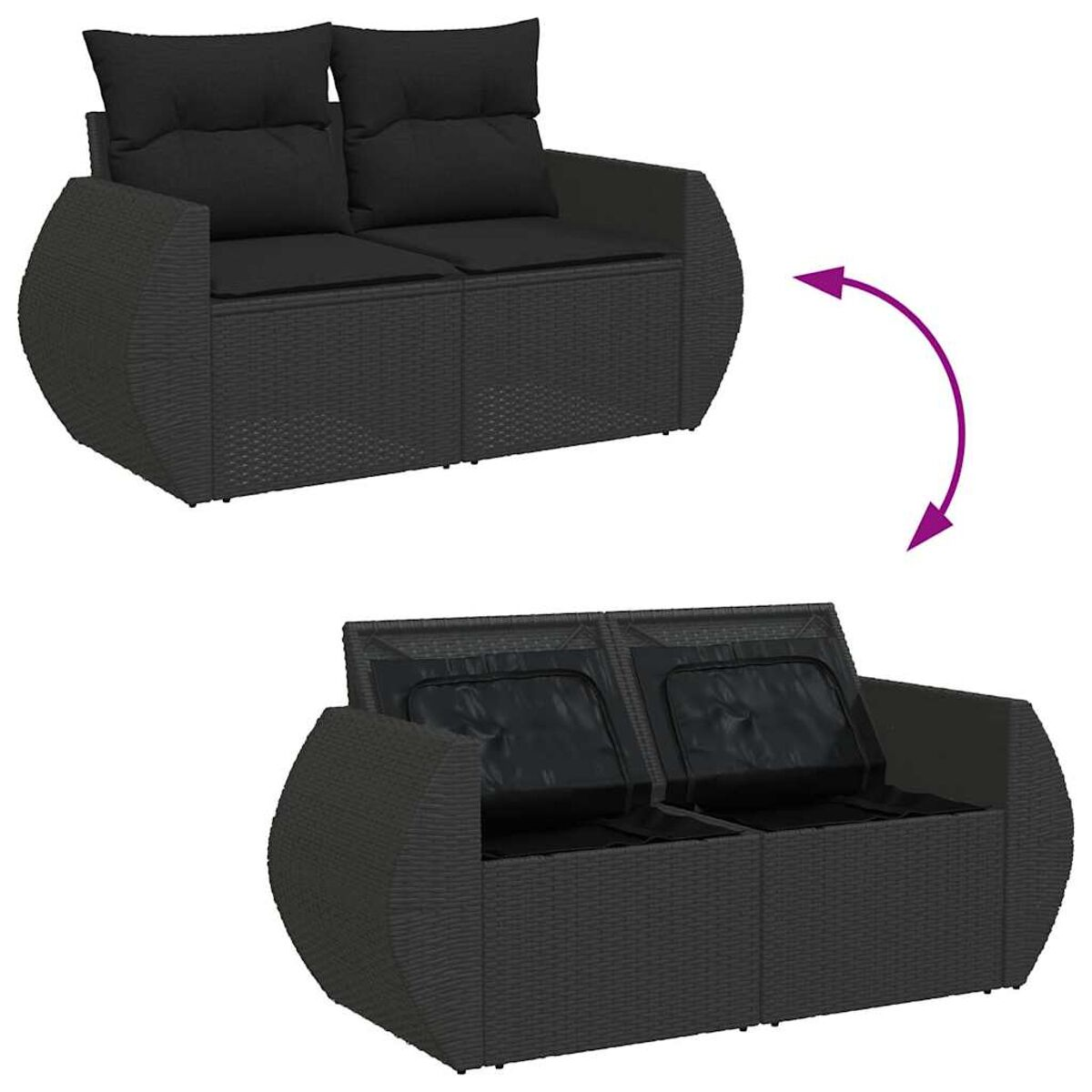 Un divano in rattan nero con funzione contenitore. Mostra le posizioni aperte e chiuse. Colore scuro.