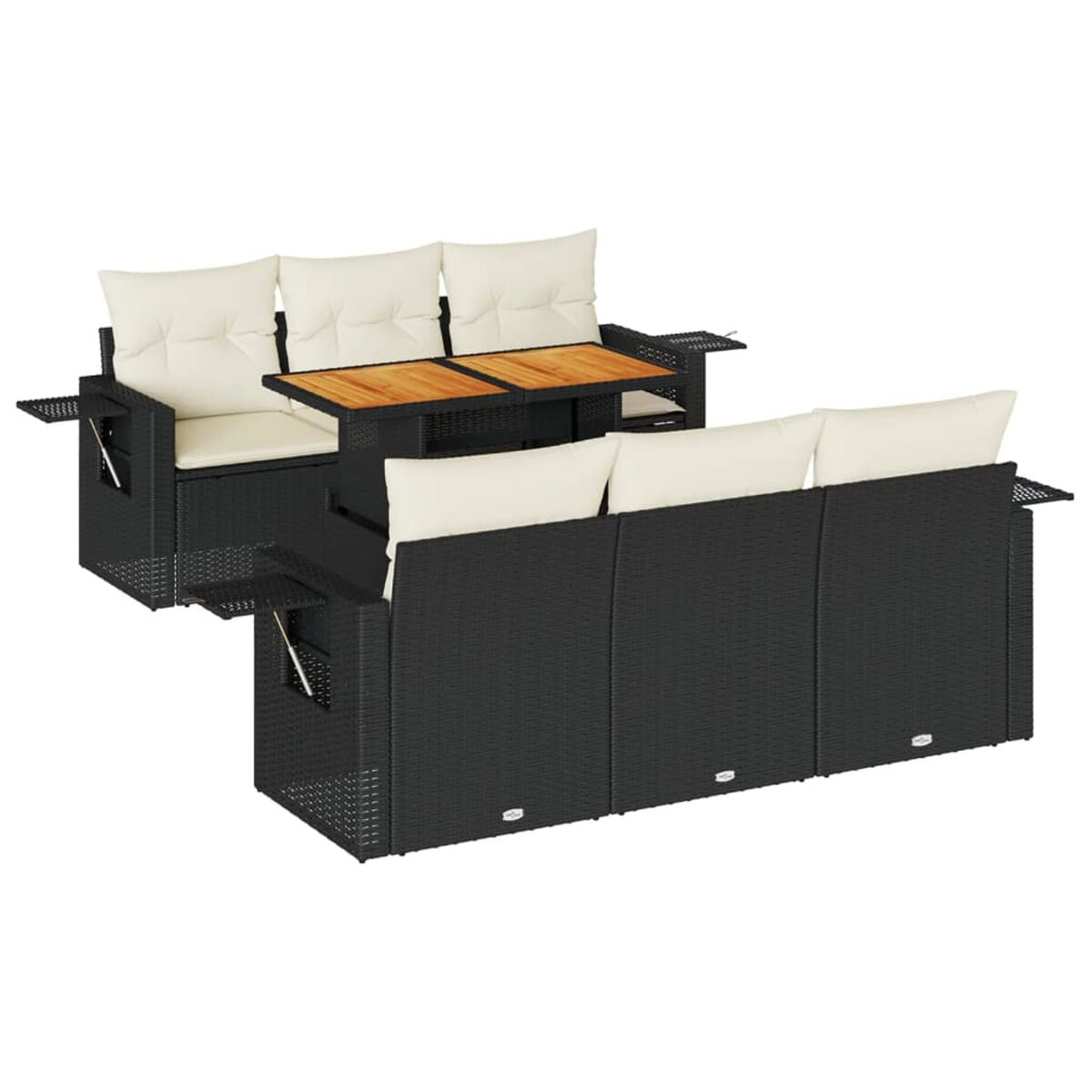 Set divano da esterno in vimini nero con cuscini beige e tavolo in legno. Include tavolini.