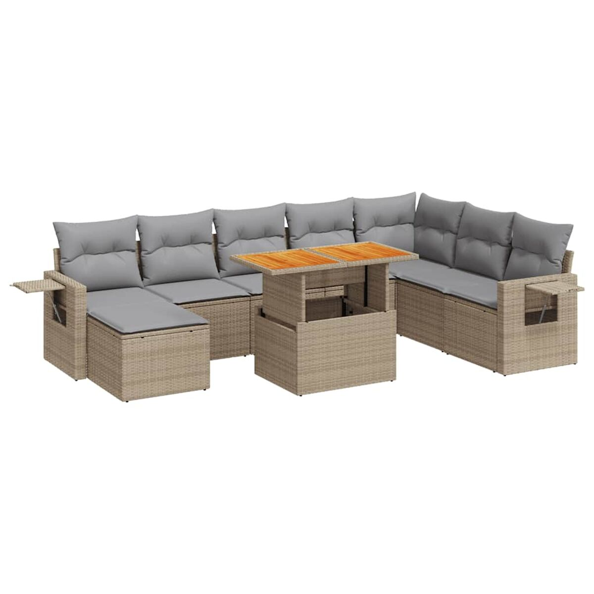 Divano componibile in rattan beige con tavolo elevabile e cuscini grigi.