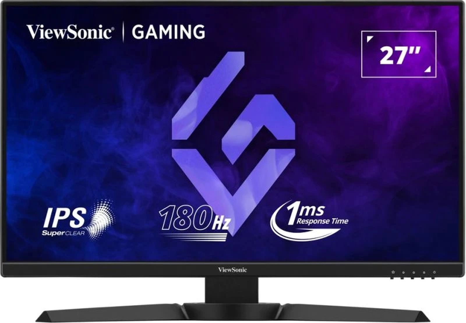 Un monitor gaming ViewSonic de 27 pulgadas con soporte negro. Incluye 180 Hz y 1 ms de tiempo de respuesta.