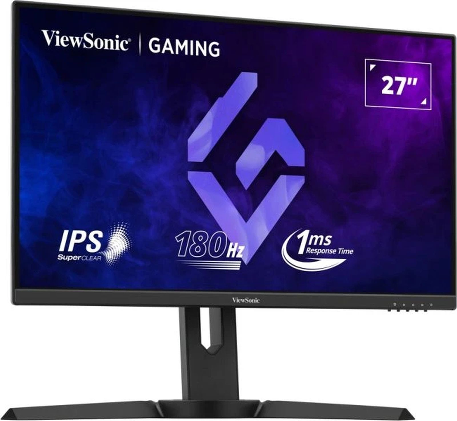 Monitor gaming ViewSonic de 27 pulgadas con soporte negro. Pantalla muestra 180Hz, 1ms tiempo respuesta e IPS.
