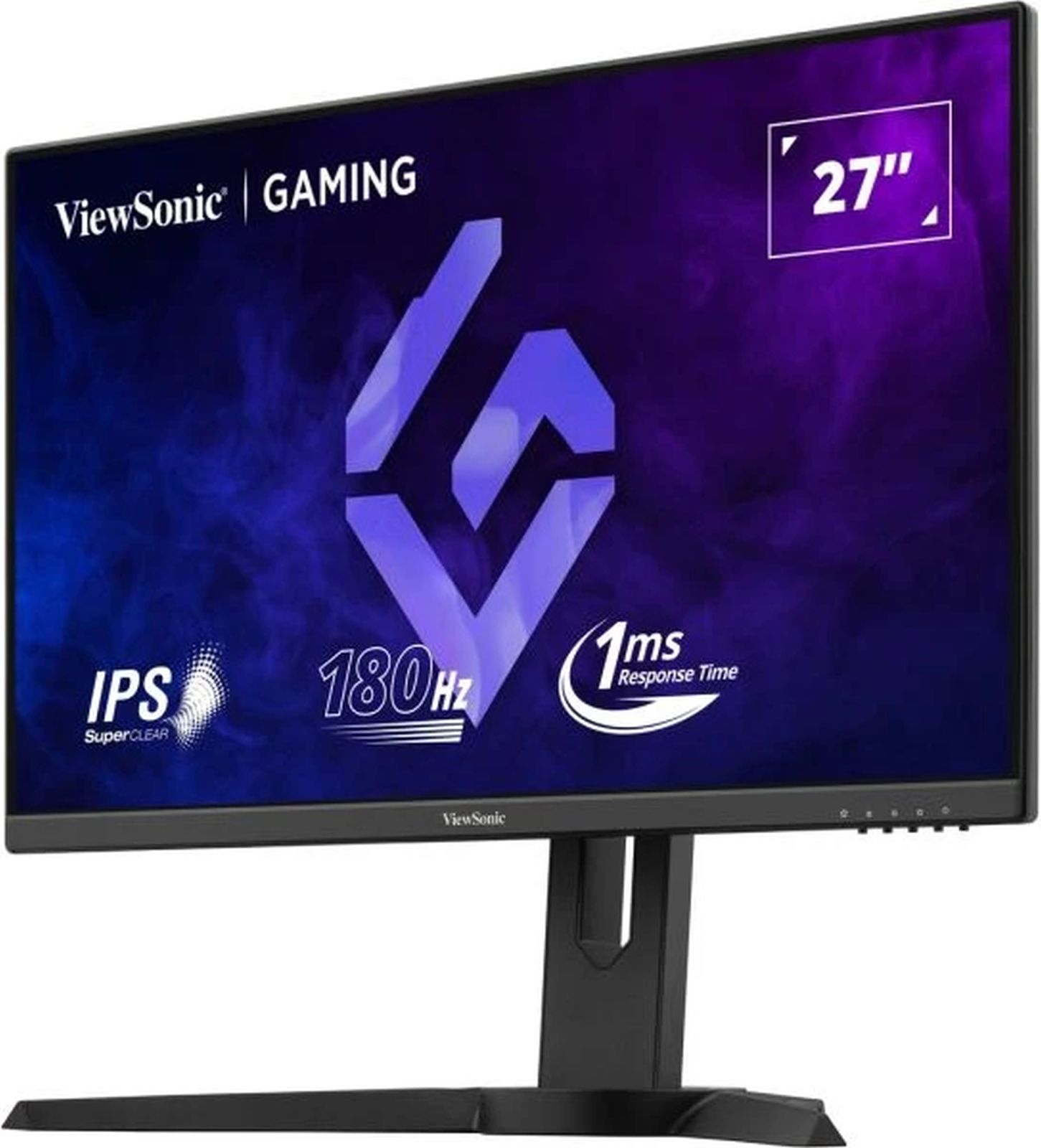 Un monitor gaming ViewSonic de 27" con marco negro. La pantalla muestra gráficos.