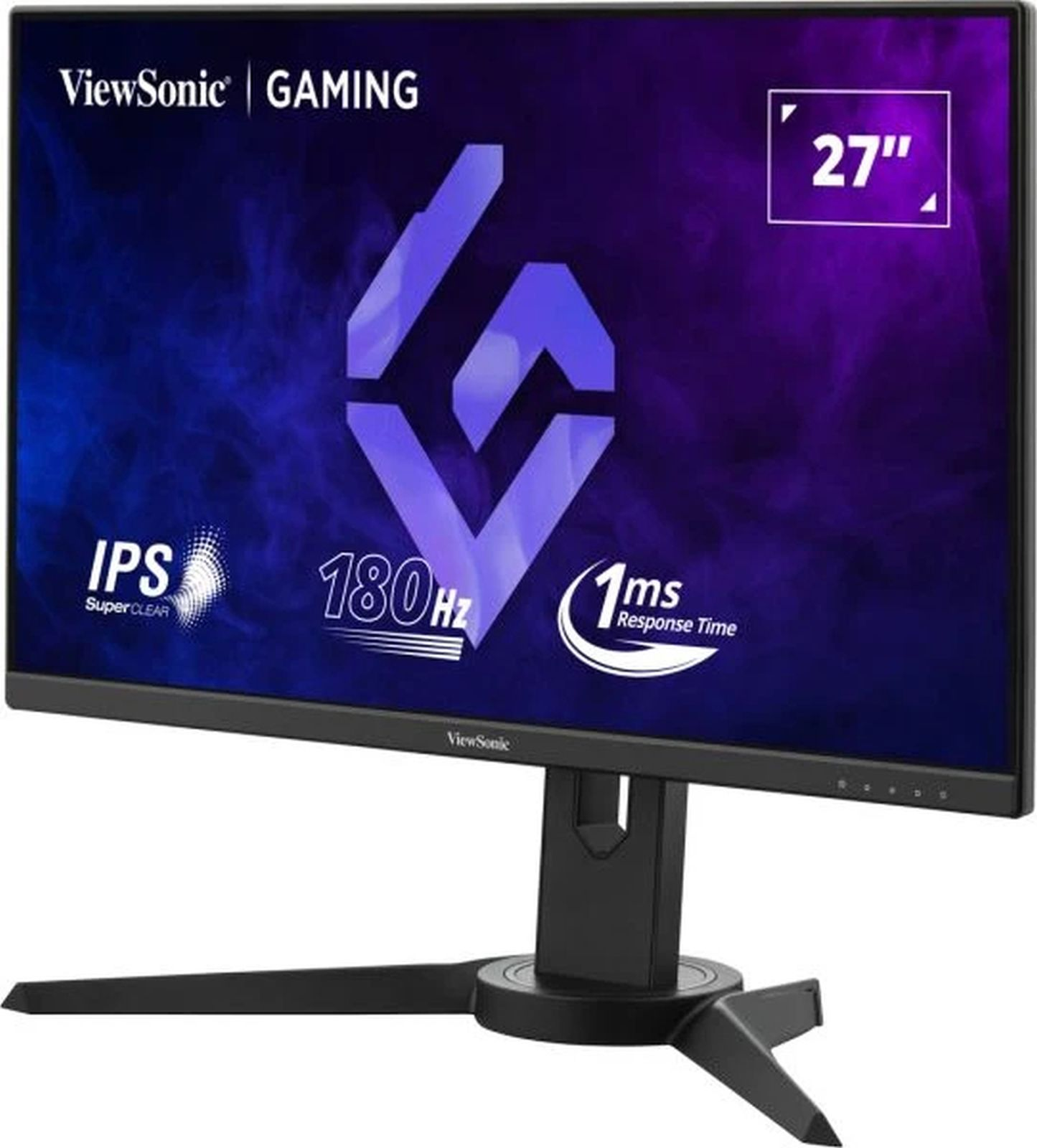 Un monitor de juegos con un soporte negro, que muestra un logotipo de juegos y texto de 27".