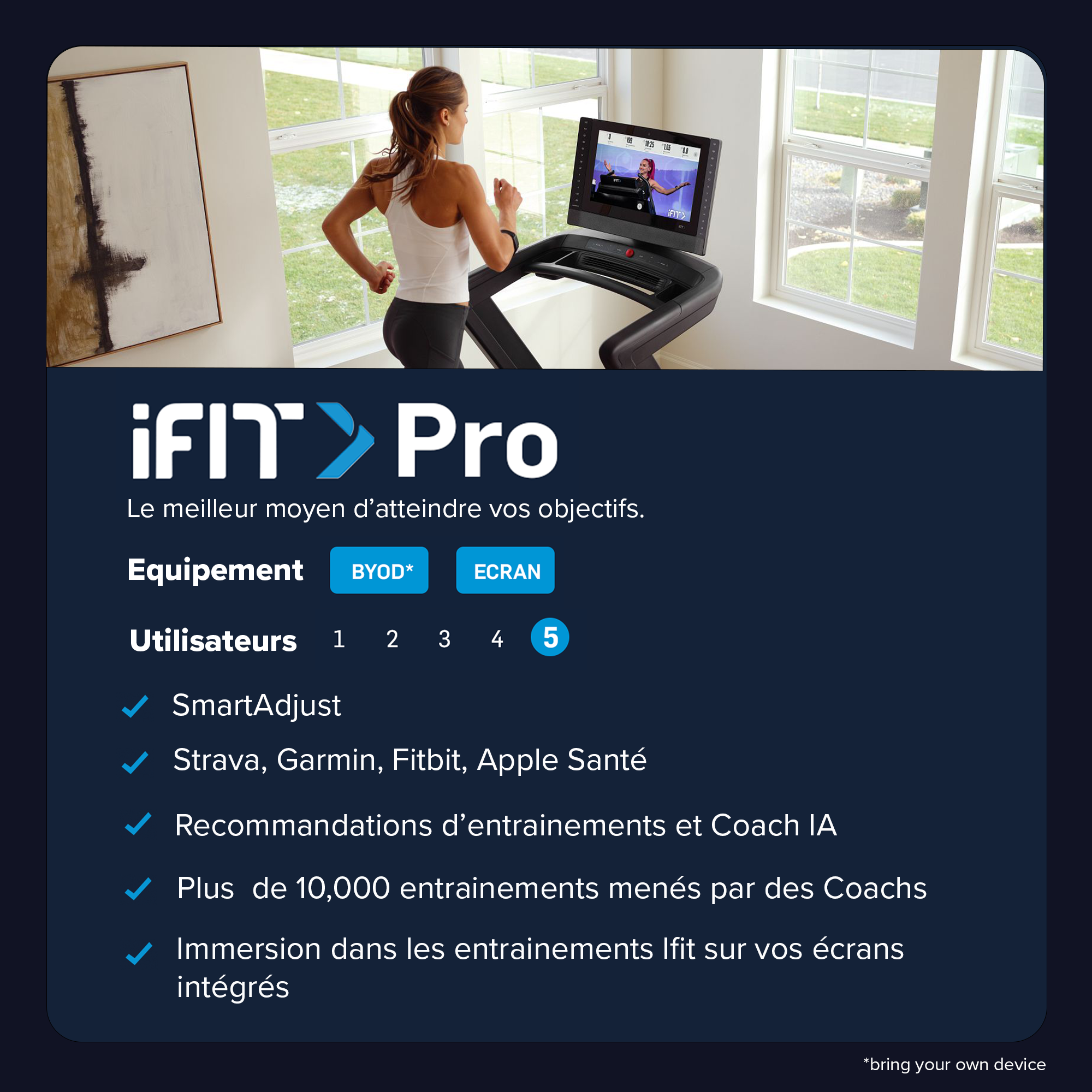 Fitnessgerät-Oberfläche, Frau läuft auf einem Laufband. Text: iFit Pro. Funktionen: SmartAdjust, Coach-Empfehlungen.