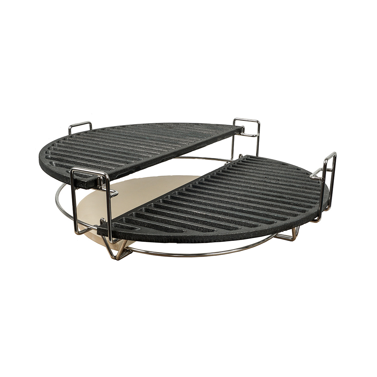 BBQ grill with two half-circle grates. Stone base, with a metal frame. White background.