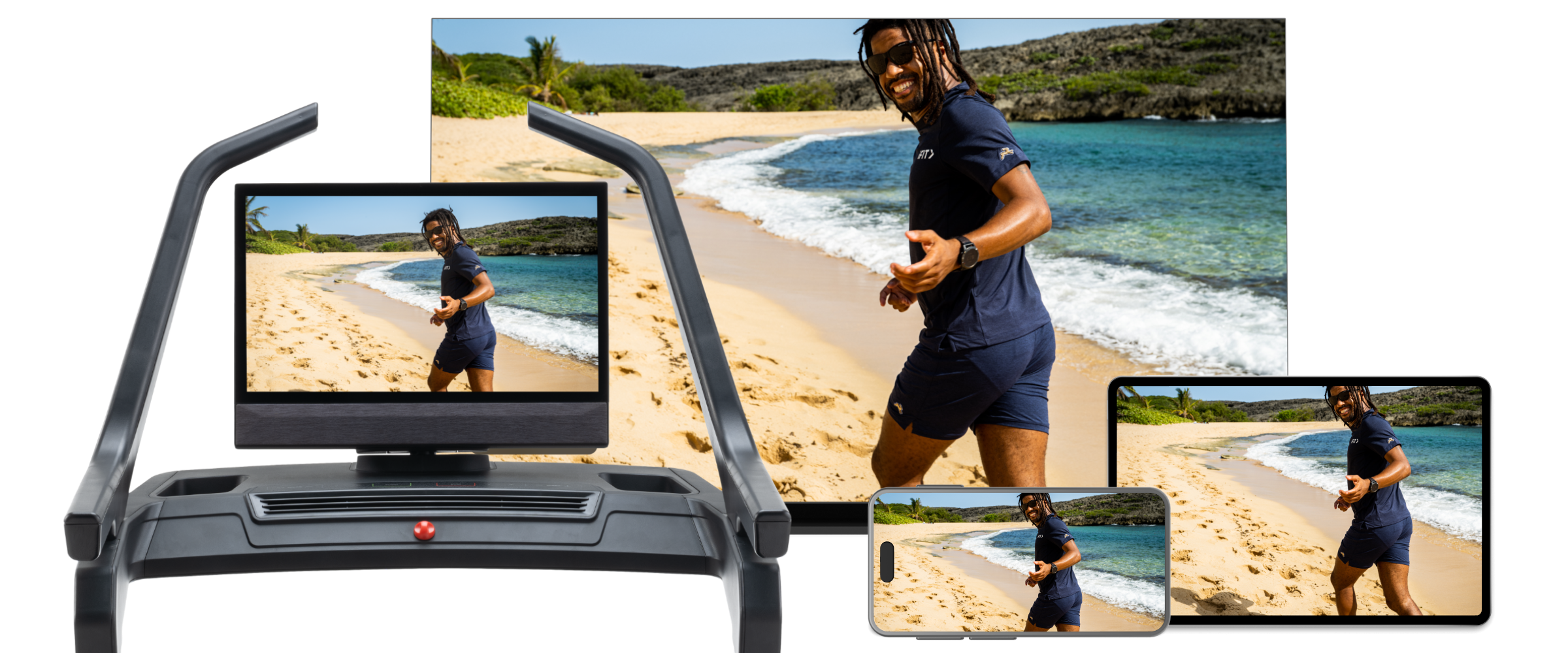 Mann läuft auf einem Laufband mit Videobildschirmen, die Strandszenen und ein Telefon zeigen.