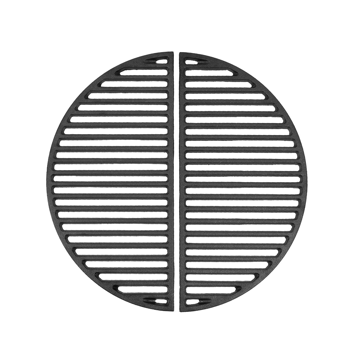 Black, round grill grate, divided into two semi-circles with parallel bars.