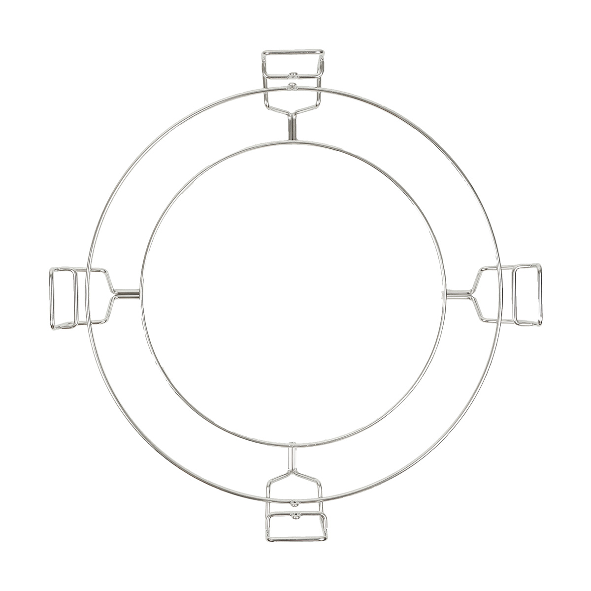 Silver metal ring rack with supports. Circular design with four support arms.
