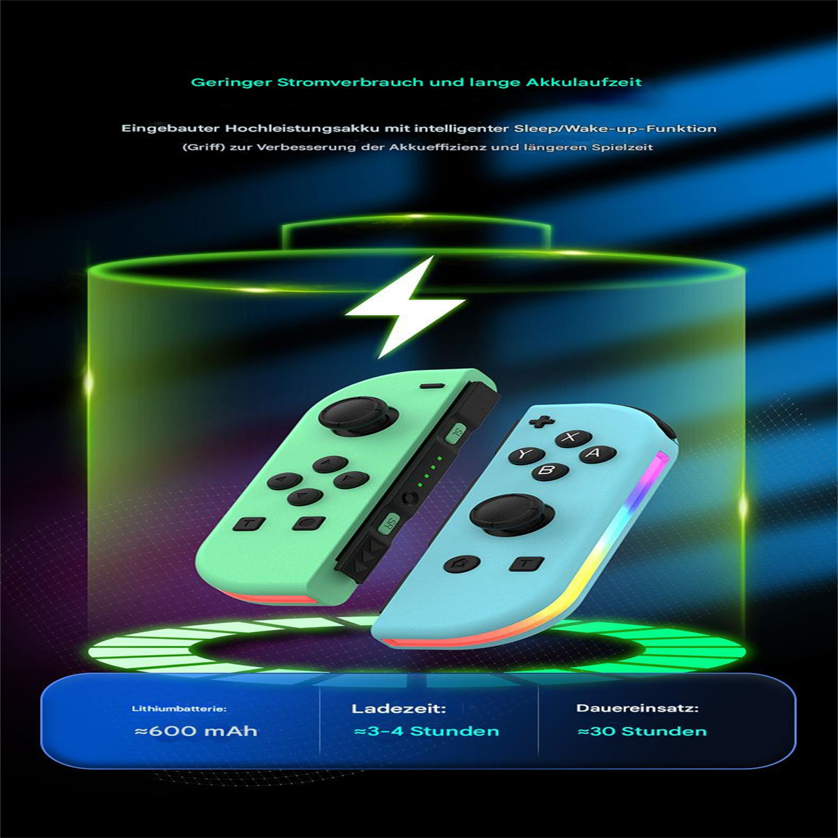 Das Bild zeigt zwei Gamecontroller, grün und blau, mit leuchtenden Kanten. Text erwähnt Akkulaufzeit und Funktionen. Hintergrund hat ein Batteriesymbol.