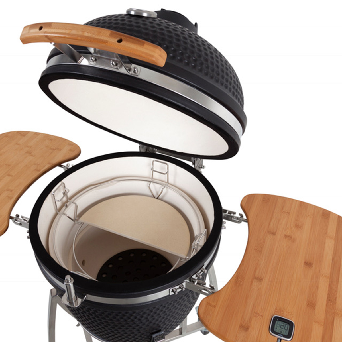 Black ceramic grill with wooden side trays and a thermometer on a white background.