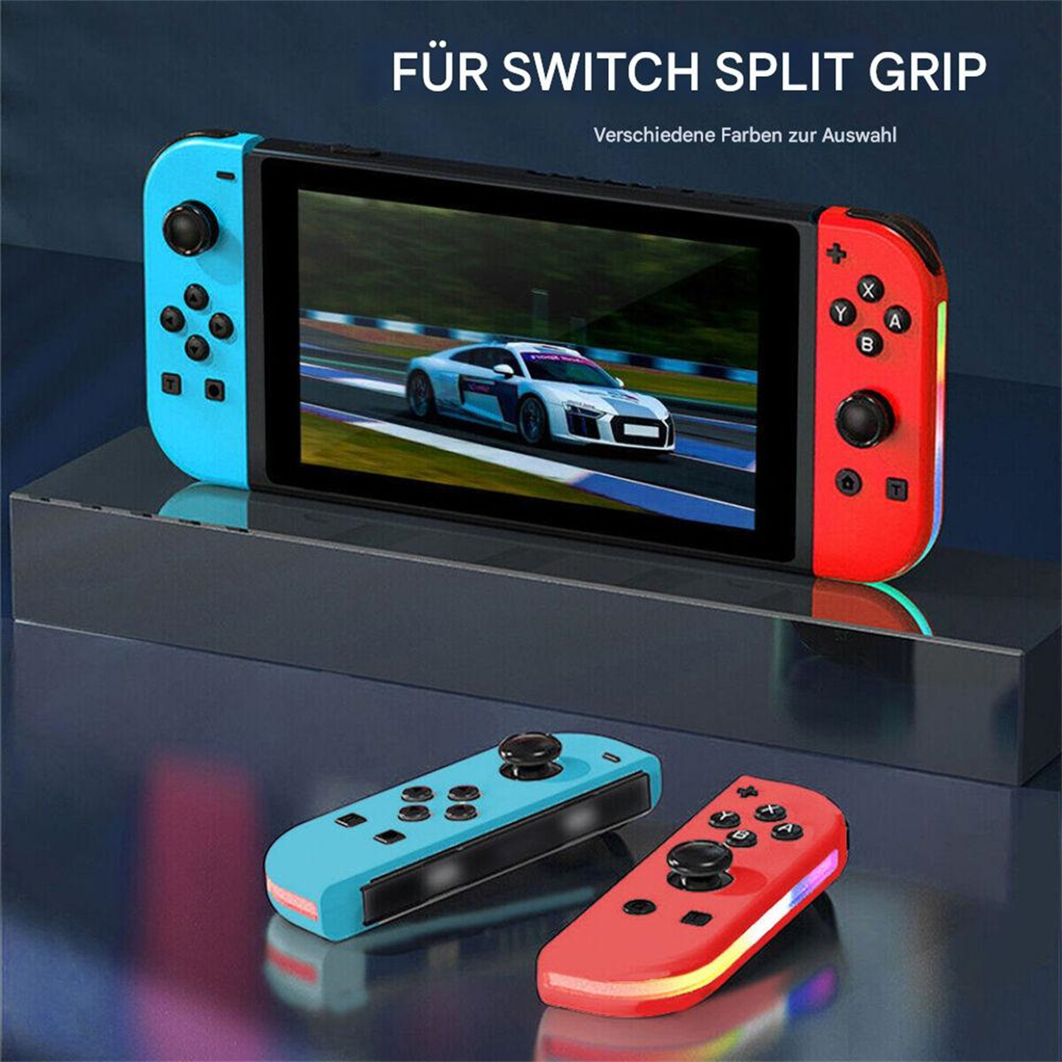 Eine Nintendo Switch-Konsole mit Controllern, die ein Autorennen-Spiel anzeigt.