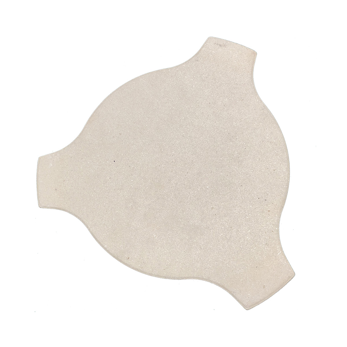 Cream-colored, tri-lobed paving stone, with a textured surface, isolated on white.