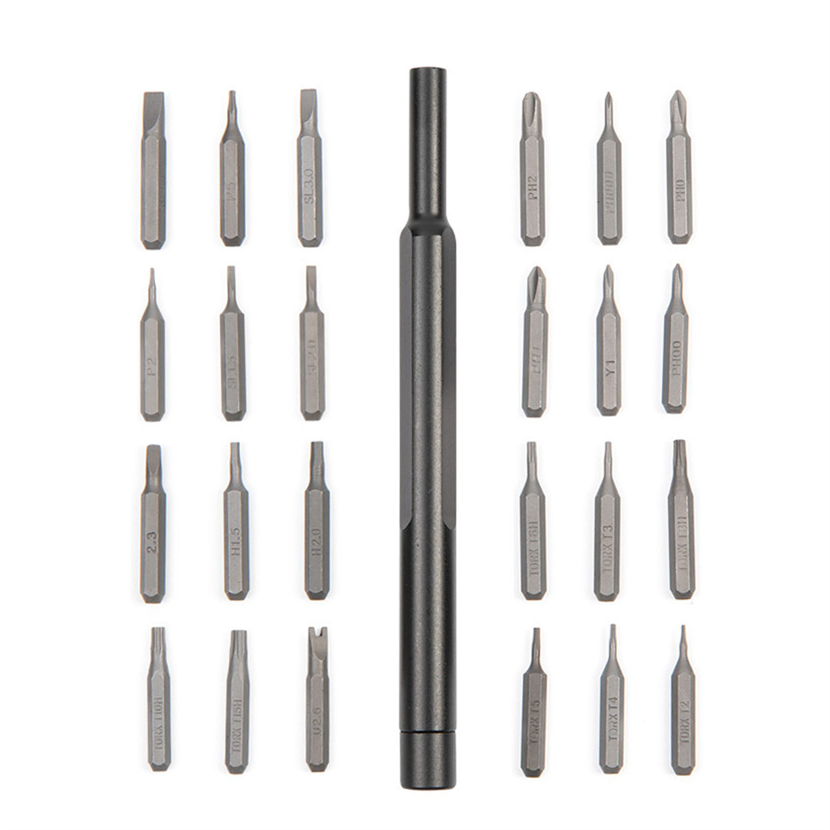 Schraubendreher-Set mit verschiedenen Bits und einem schwarzen Griff. Bits sind grau.