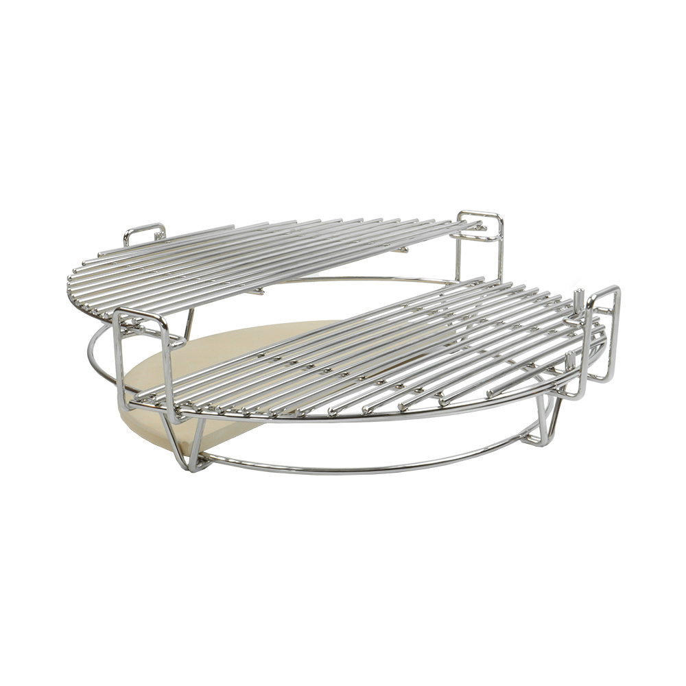Metal grill grates with a ceramic heat deflector, on a white background.