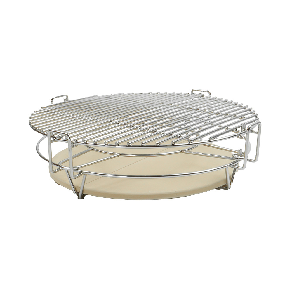 A round, stainless steel grill with a beige ceramic pizza stone underneath.
