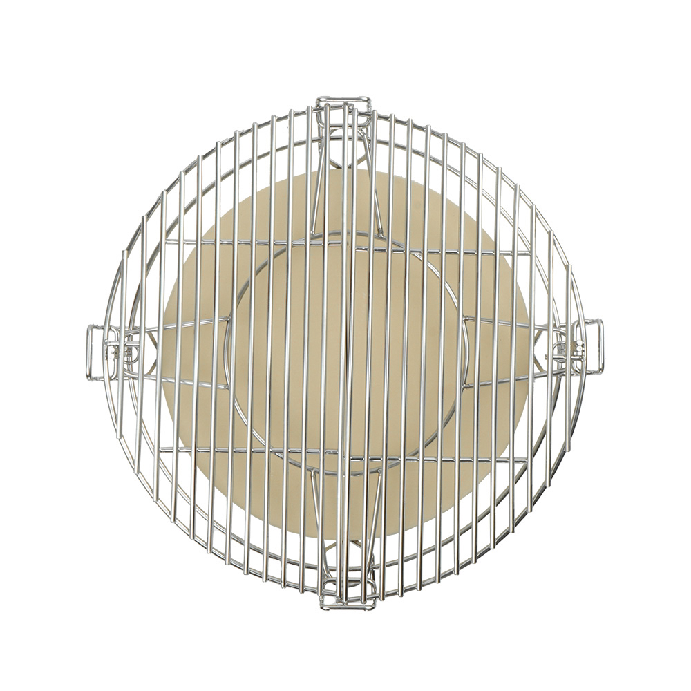 Round metal grill grate with a circular ceramic stone. The background is white.