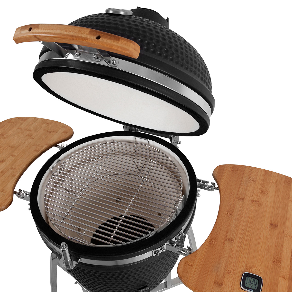 Black ceramic grill with open lid, wooden side tables, and metal frame.