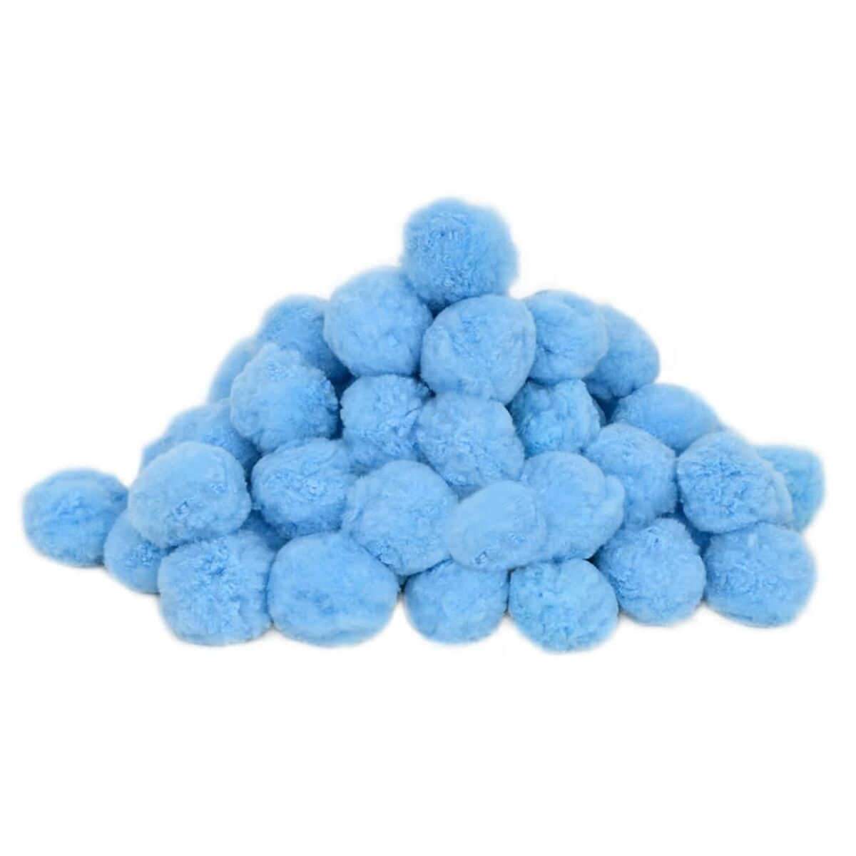Ein Haufen hellblauer Pompons. Sie sind rund und flauschig. Die Pompons sind zufällig verstreut.