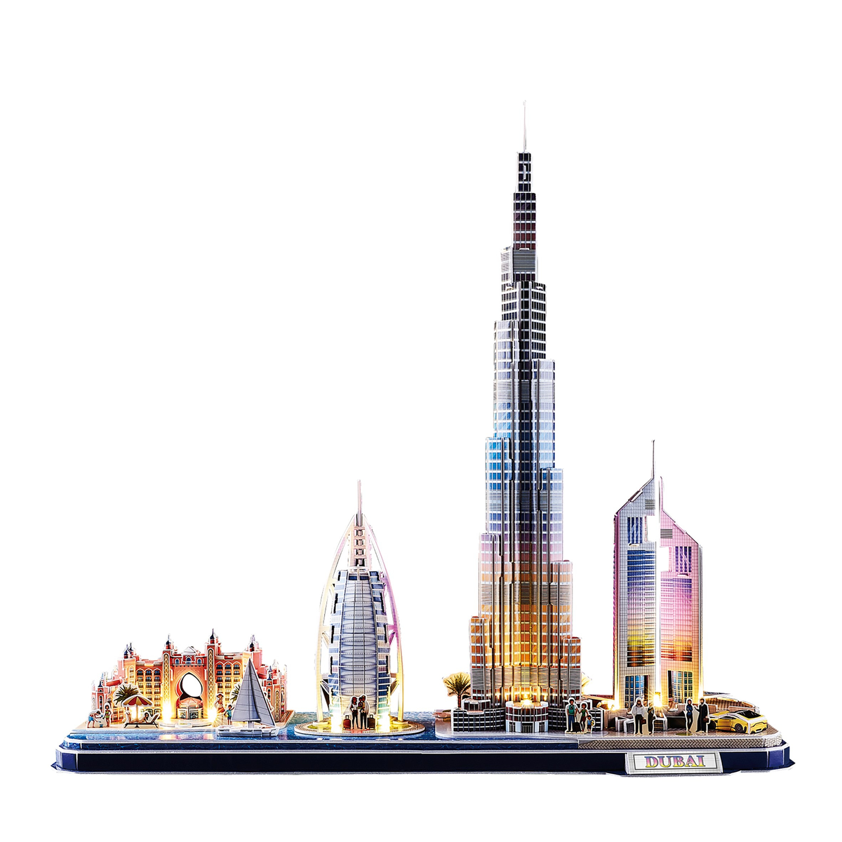 Modelo metálico del horizonte de Dubái. Con Burj Khalifa y otros edificios sobre base.