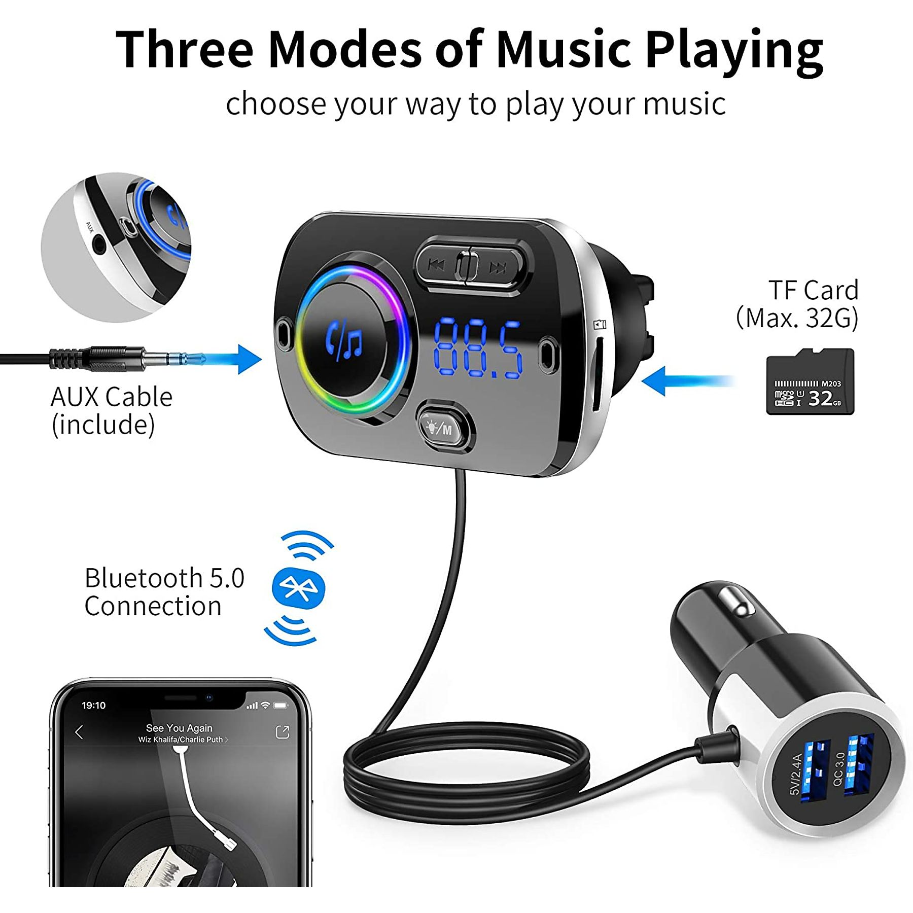 Auto-Musik-Player mit AUX-, Bluetooth- und TF-Karten-Modi. Er beinhaltet ein Telefon und ein Autoladegerät.