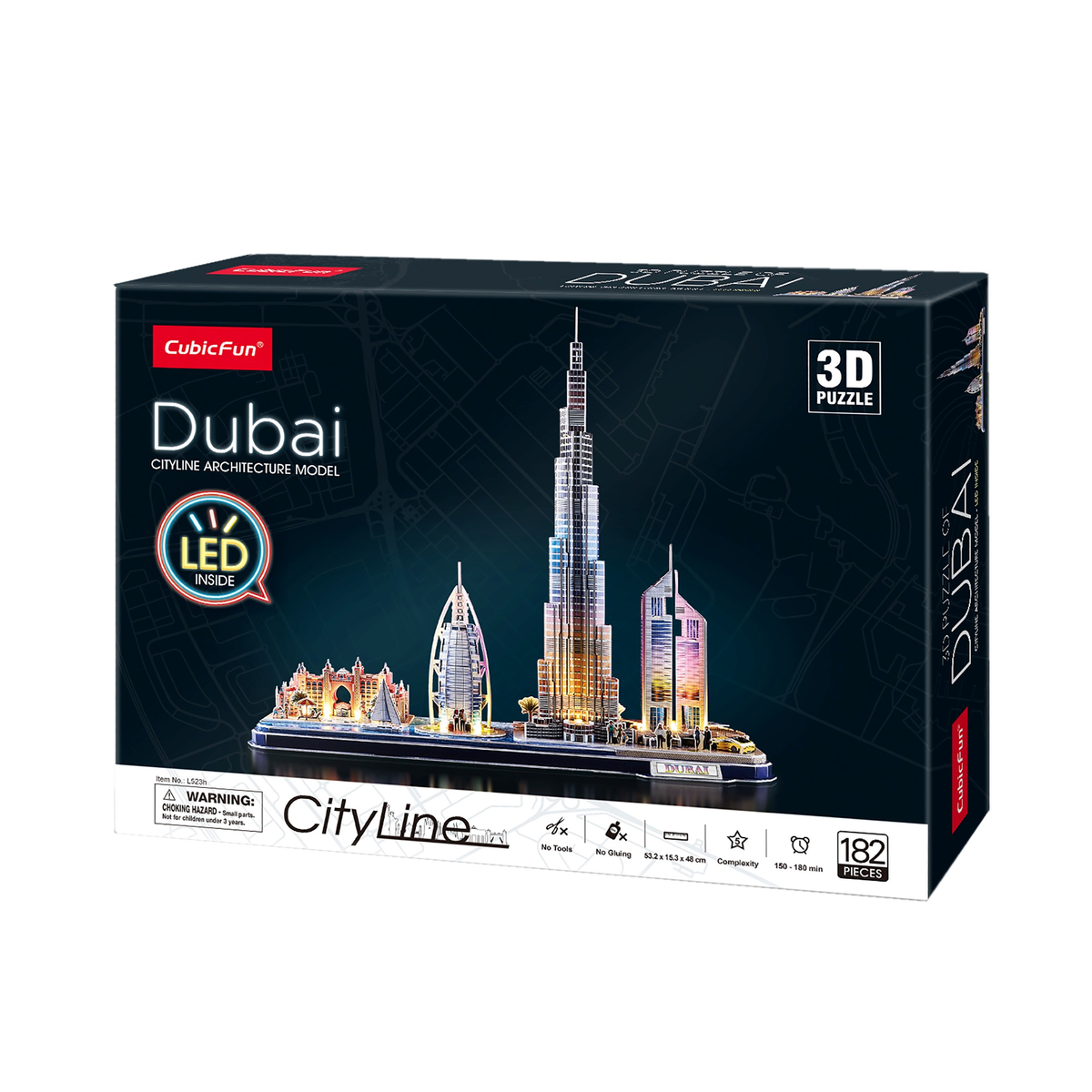 Caja de un rompecabezas 3D de la silueta de Dubái. Presenta el horizonte de la ciudad y las palabras 'Dubái' y 'CityLine'.
