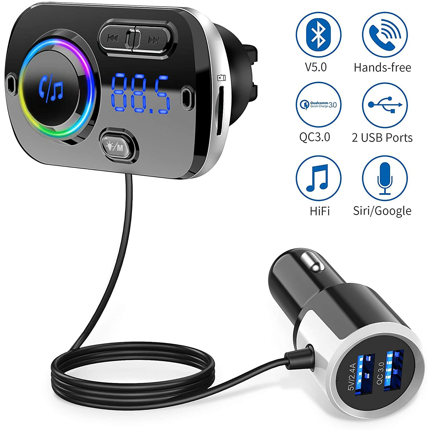 Auto-FM-Transmitter mit Bildschirm, Knöpfen und USB-Anschlüssen. Verfügt über Bluetooth und Freisprechen.
