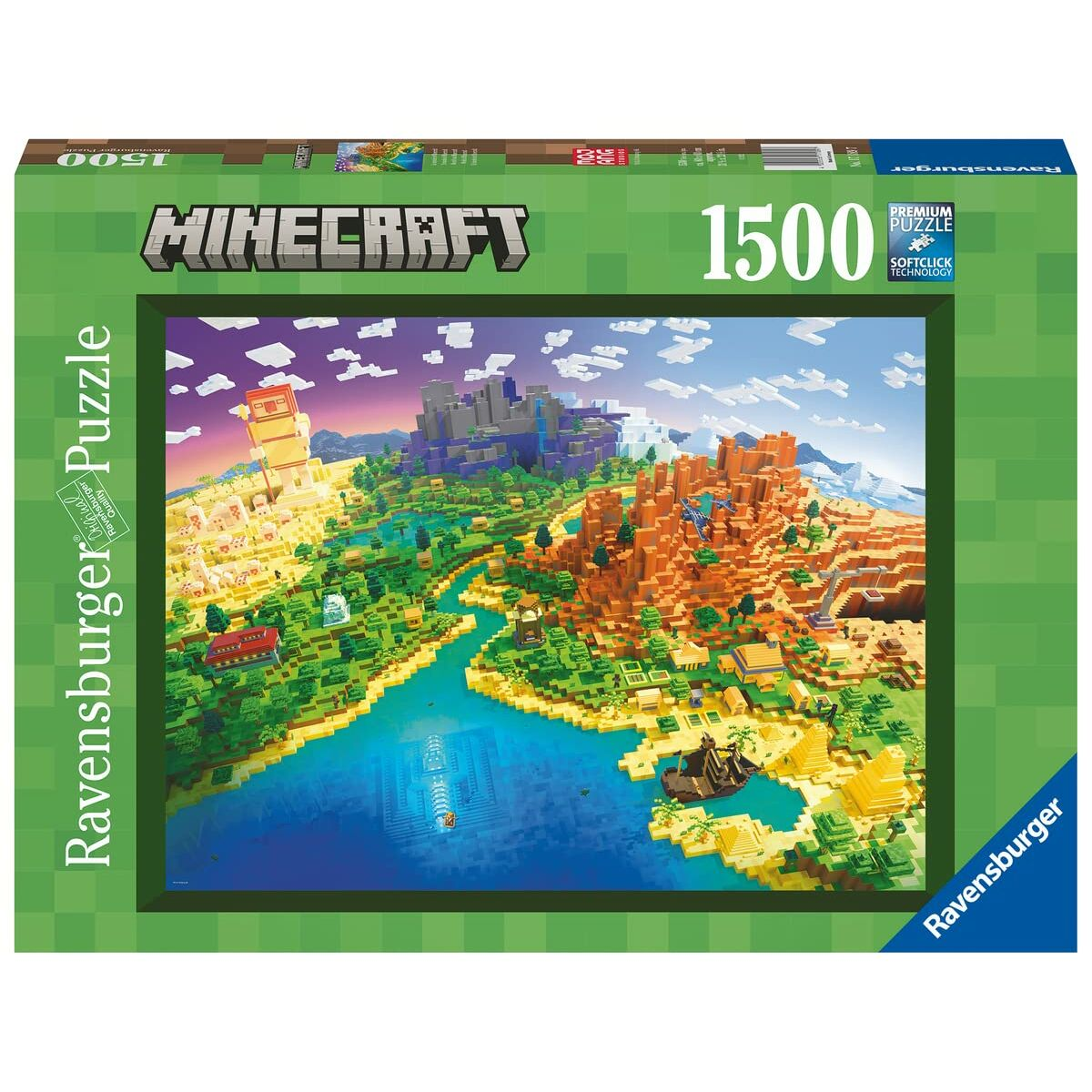Caja de rompecabezas de Minecraft con una imagen de un mundo de Minecraft sobre fondo blanco.