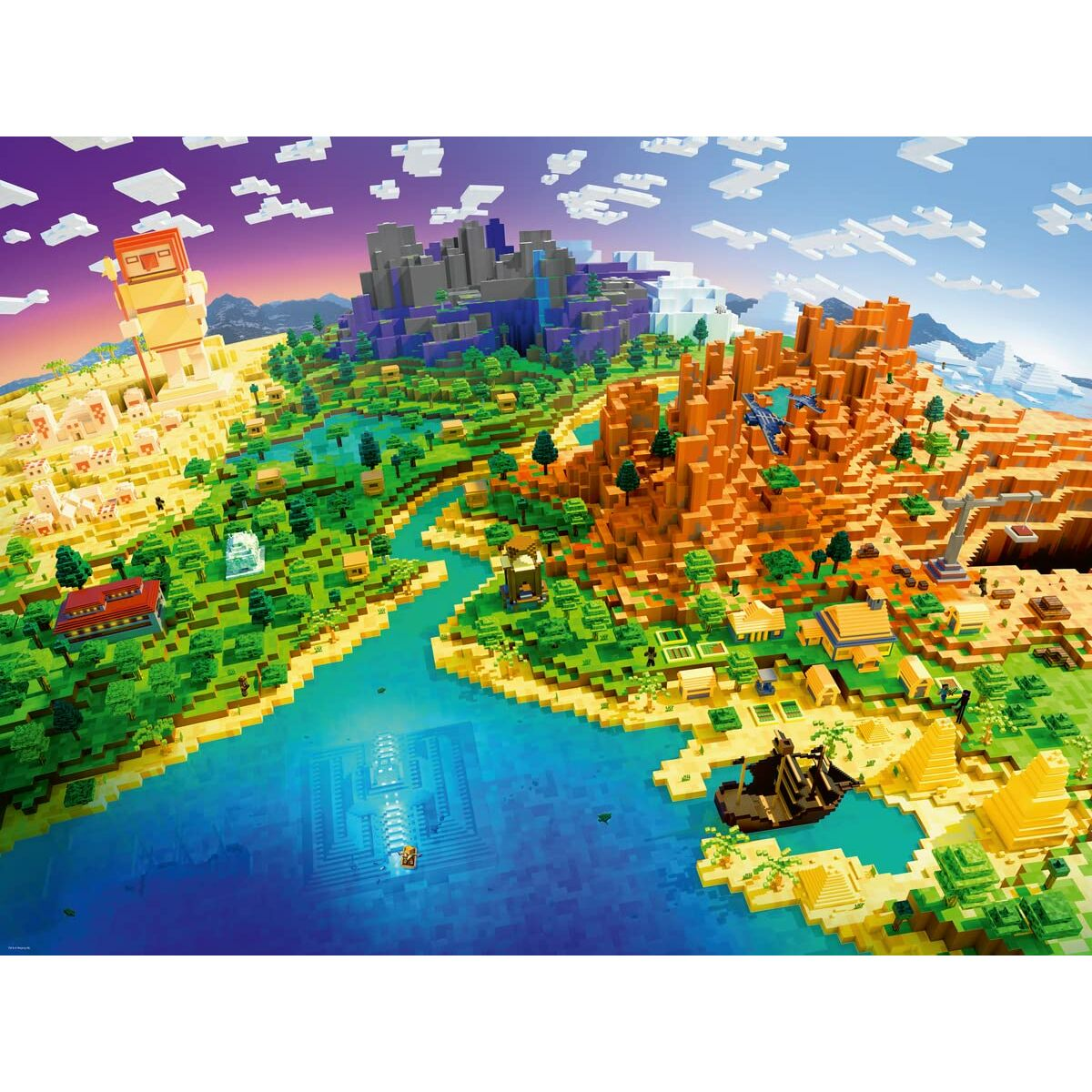 Mundo Minecraft colorido en perspectiva 3D, con varias estructuras y terreno.