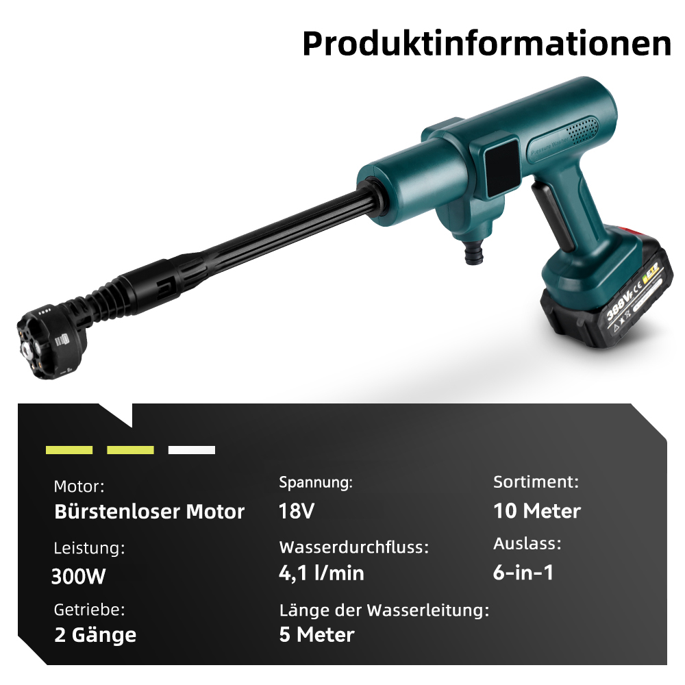 Información del producto: Hidrolavadora, 300W, 18V, 4.1 l/min, manguera 10m, boquilla 6 en 1.