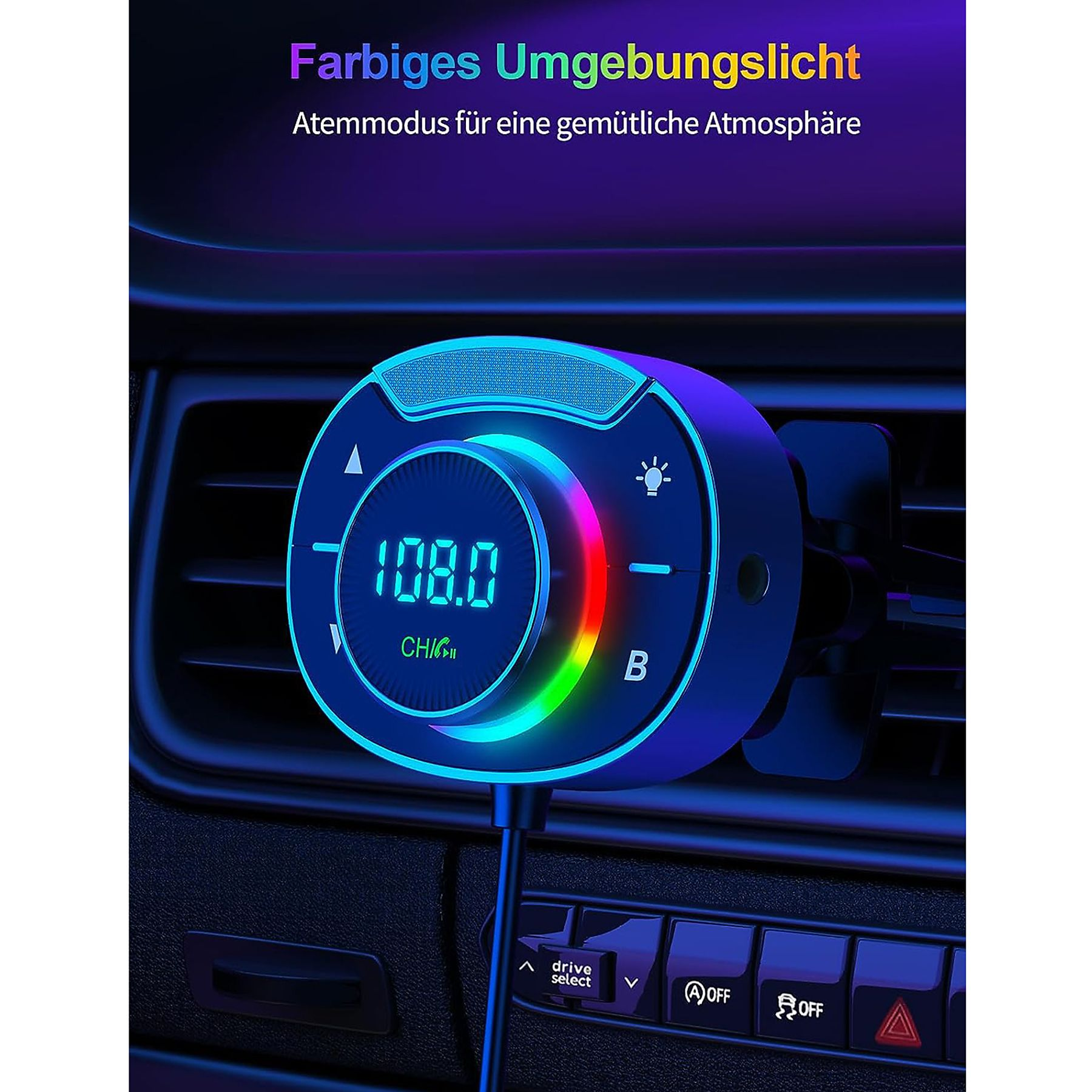 Auto-Luftauslassgerät mit Digitalanzeige 108.0. Buntes Licht um die Anzeige.
