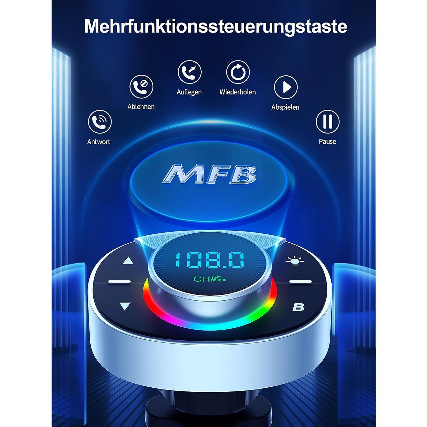 Ein schwarzes Gerät mit digitaler Anzeige und Tasten, mit Funktionen beschriftet.