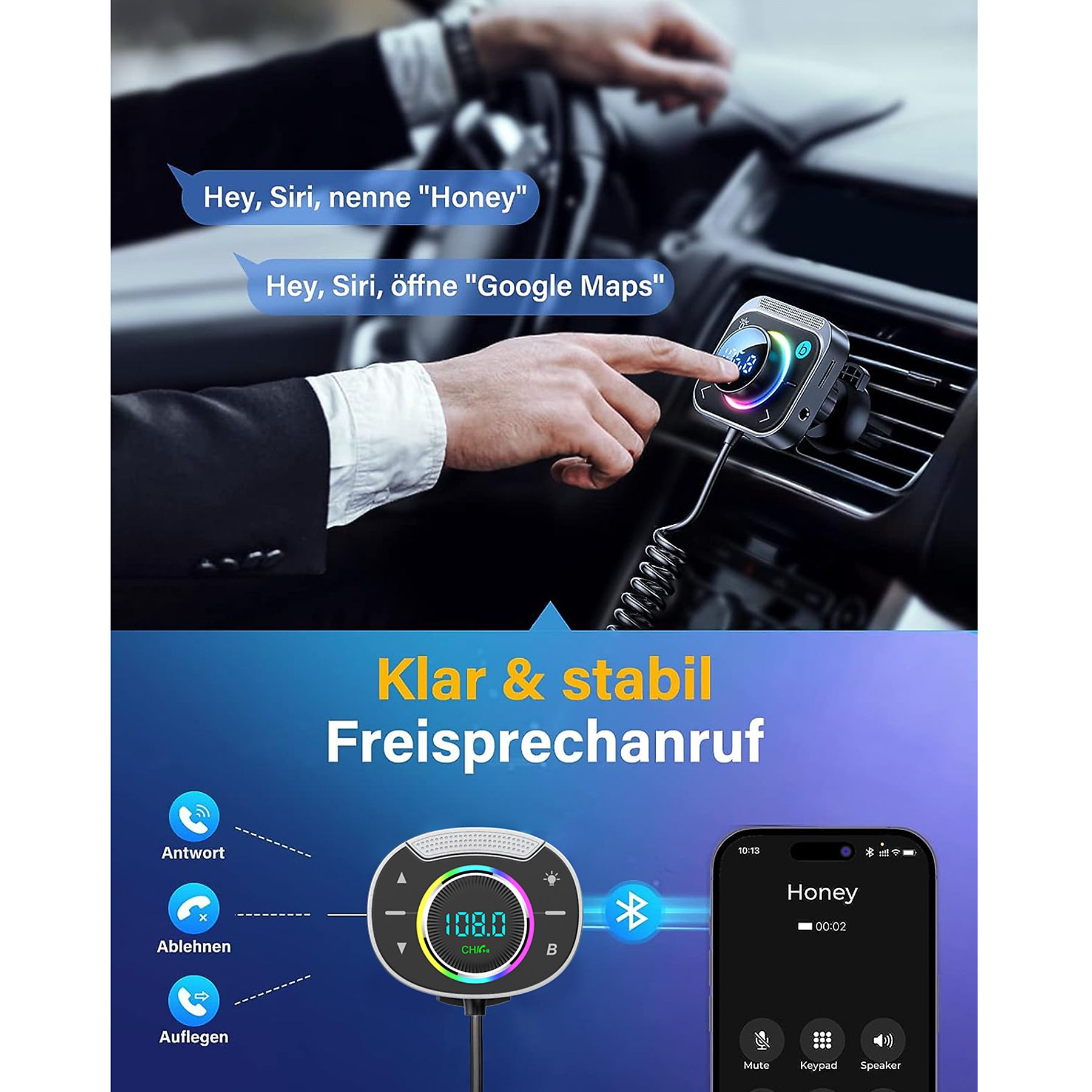 Autoinnenraum mit Telefon, das einen Anruf anzeigt, und Gerät an der Lüftung.
