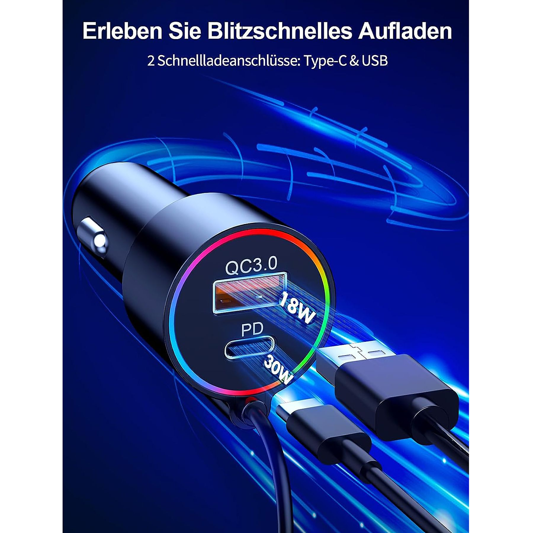 Schwarzes Autoladegerät mit USB- und Typ-C-Anschlüssen, LED-Lichtern.