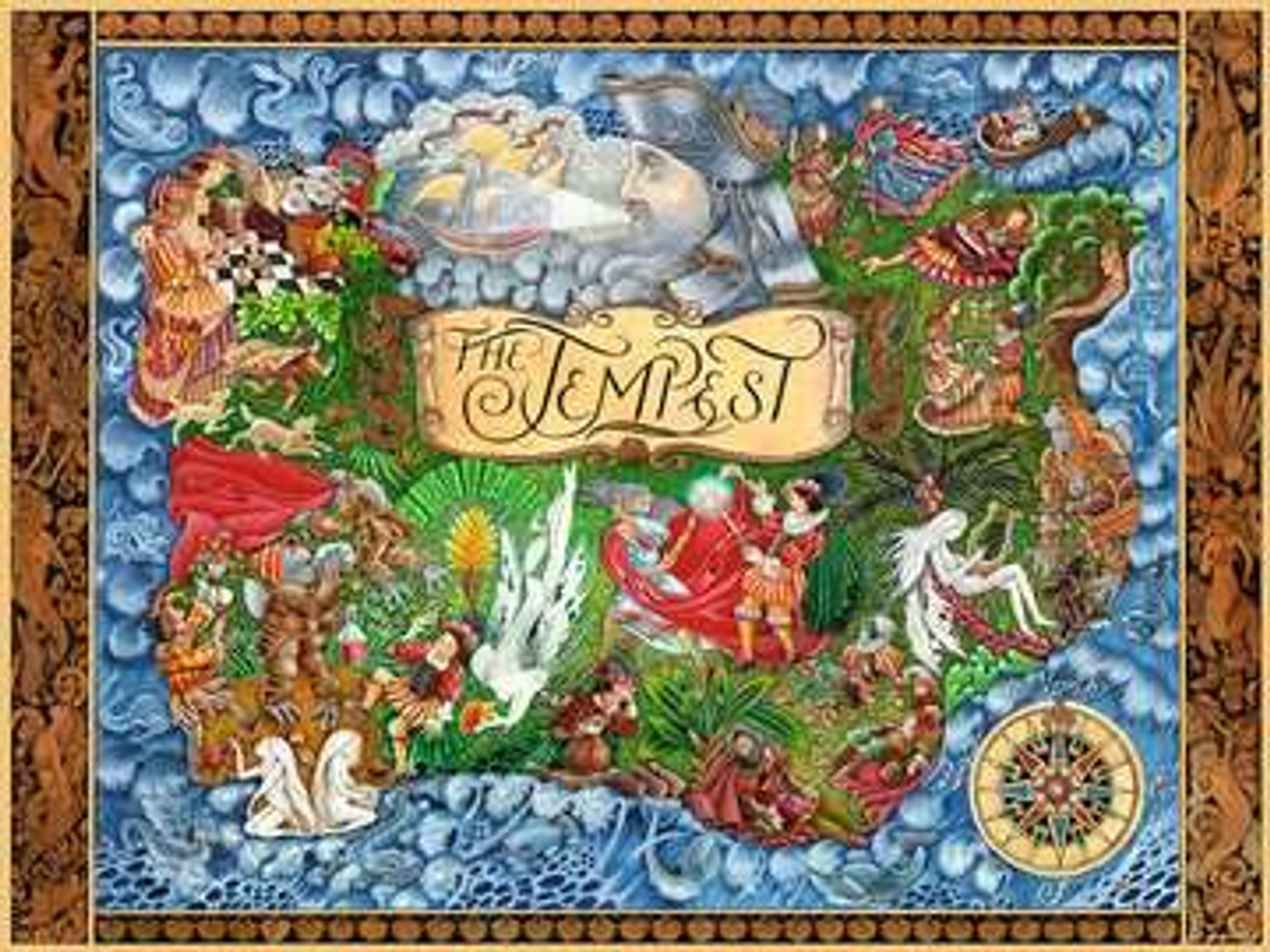 Opera d'arte colorata di una scena teatrale, intitolata 'The Tempest', con vari personaggi.
