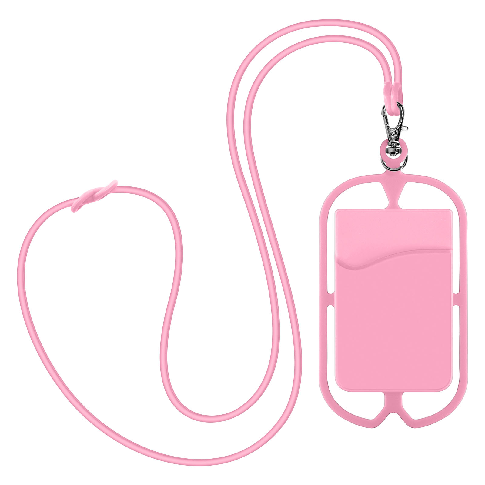 Una custodia per telefono rosa con cordino.