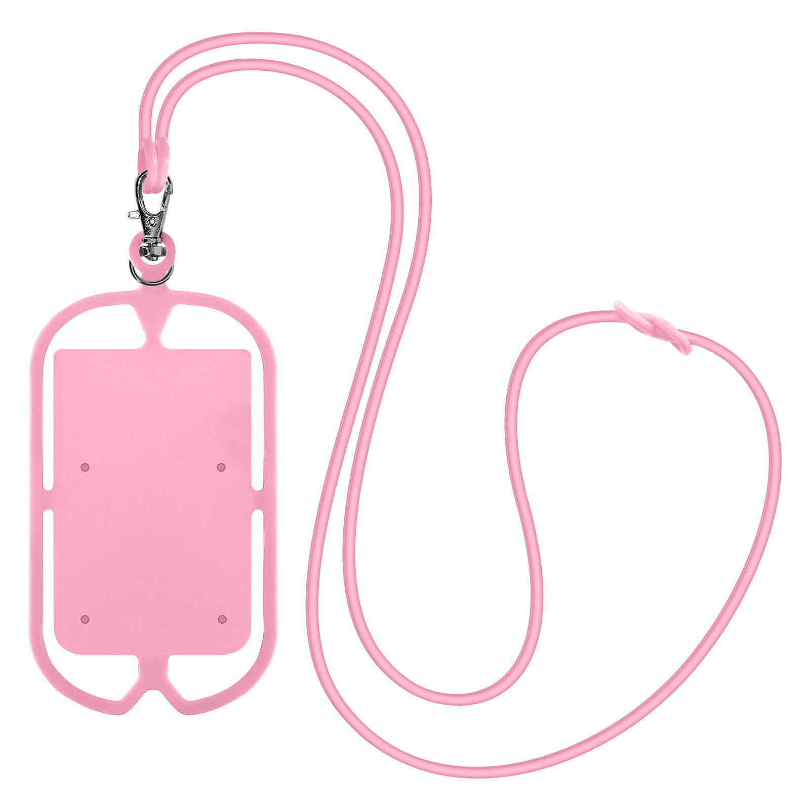 Custodia per telefono rosa con cinturino rosa. Ha un contorno del telefono e una clip argentata.