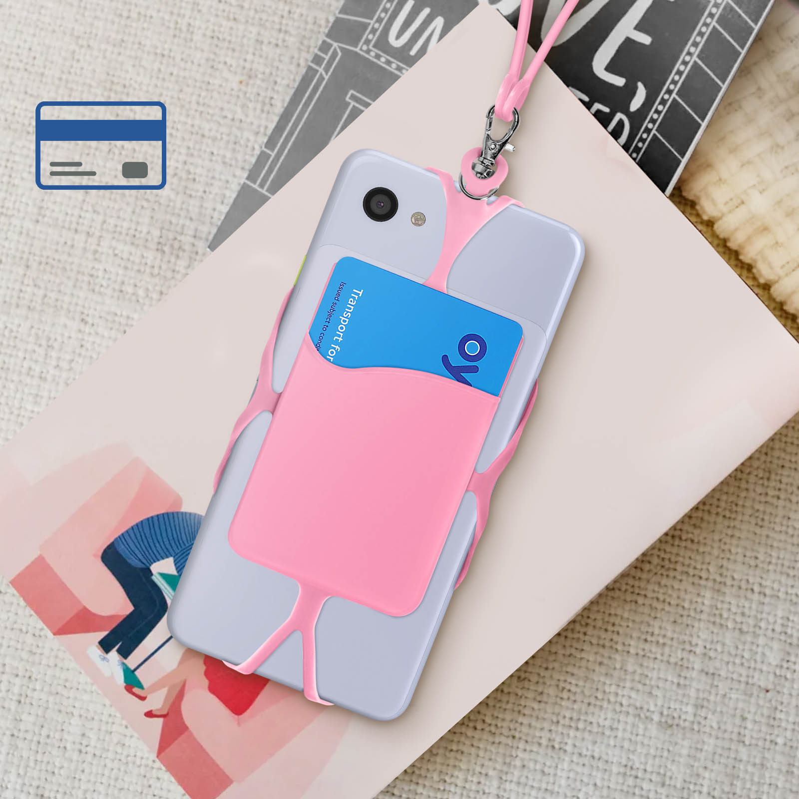 Una custodia rosa per telefono con porta carte, che tiene un telefono e una carta blu.