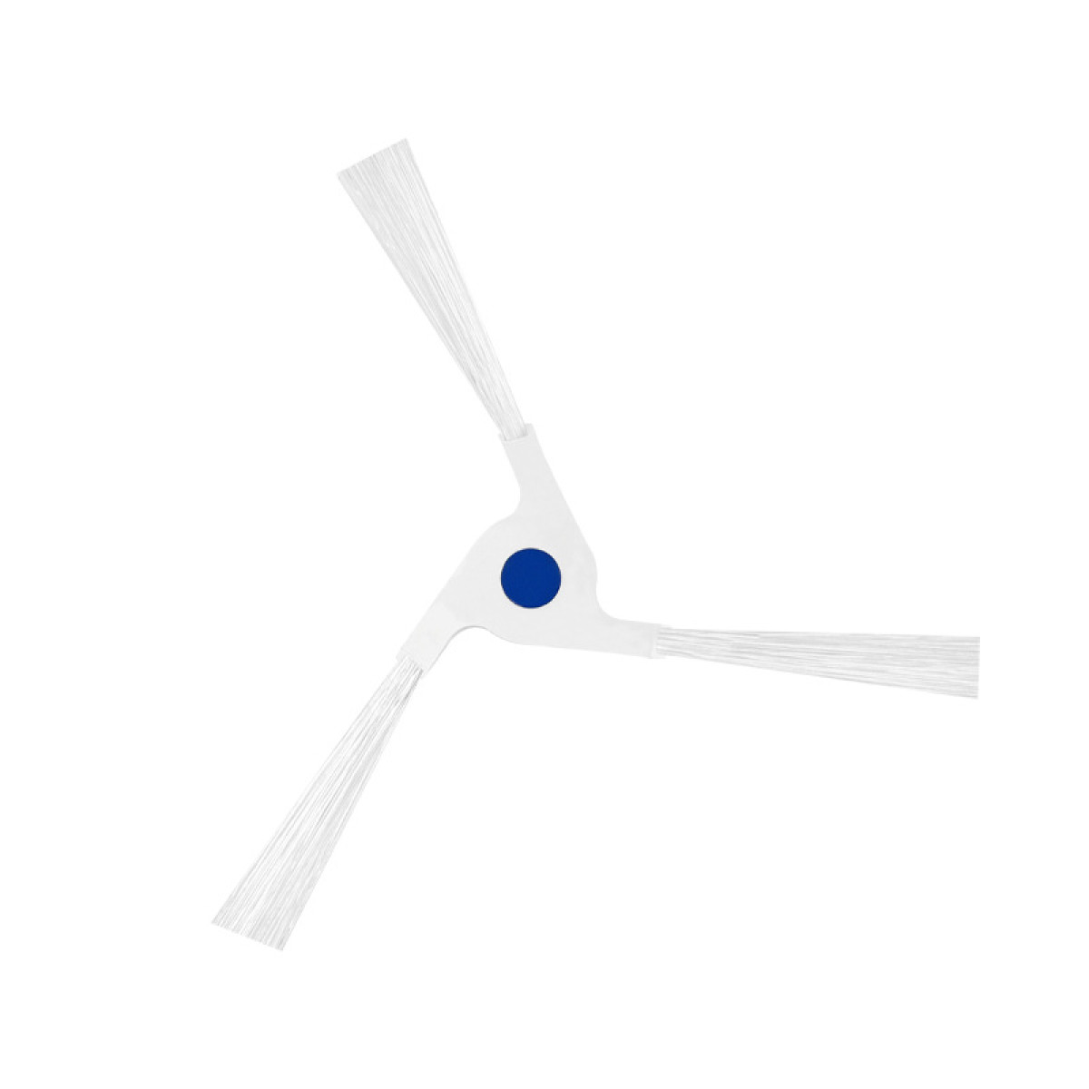 Szczotka boczna robota odkurzacza z trzema ramionami i niebieskim środkiem. Białe włosie.