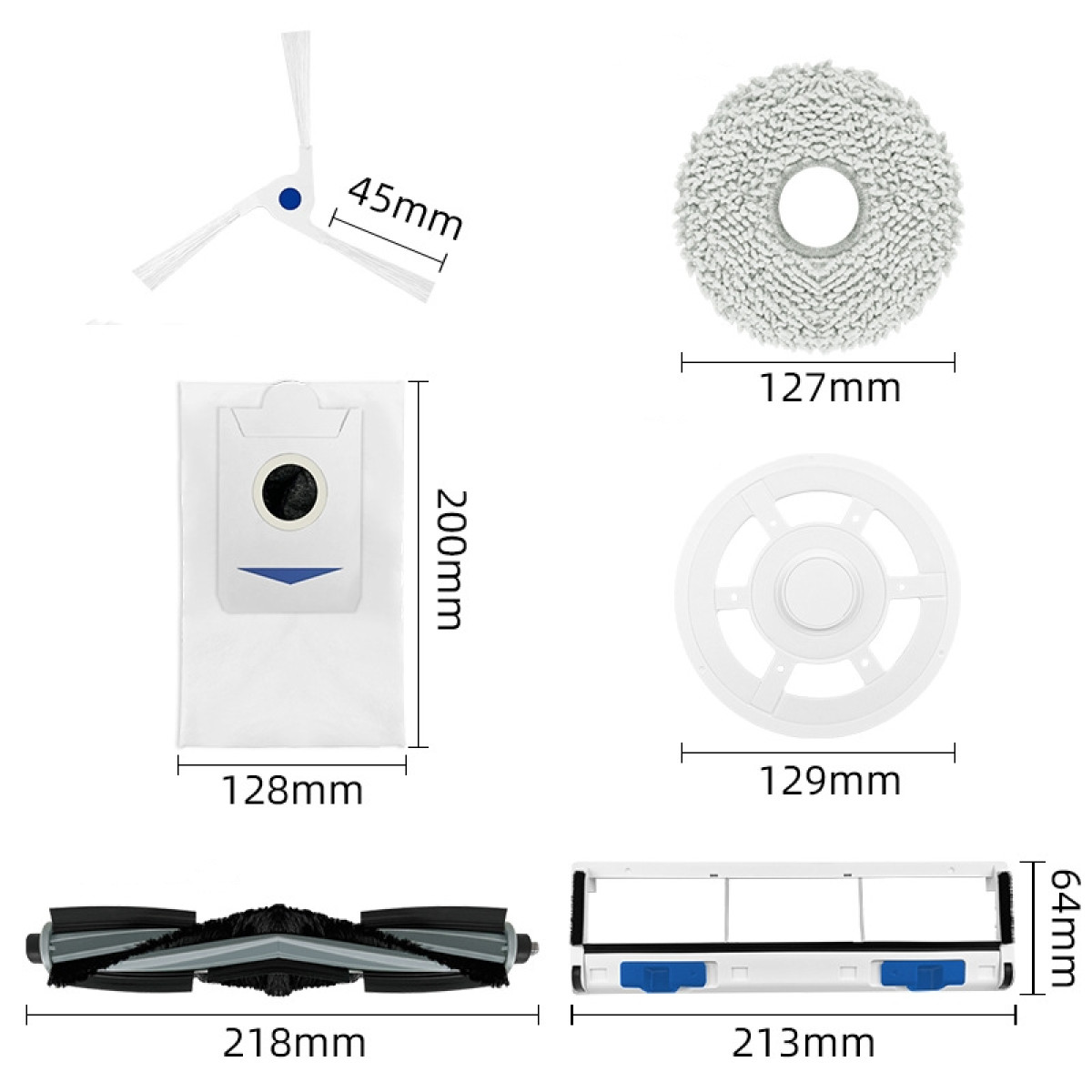 Asortyment części robota sprzątającego. Zawiera szczotki, worek filtracyjny i nakładkę czyszczącą.