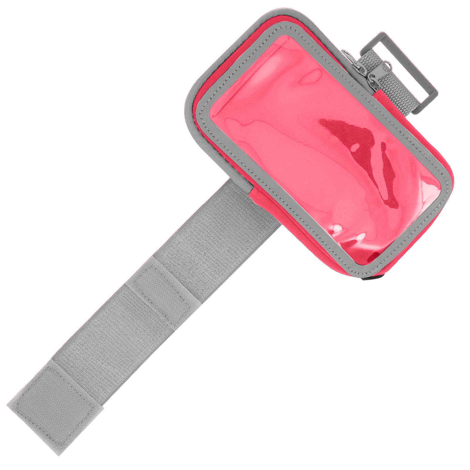 Rosa und graue Armbinde für Telefone. Klarsichtfenster. Verstellbarer Riemen und Schnalle. Zum Laufen.