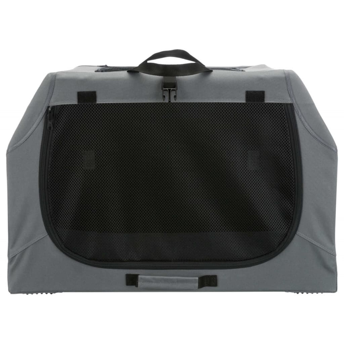 Transportín gris para mascotas con ventana de malla negra y asa. Rectangular.