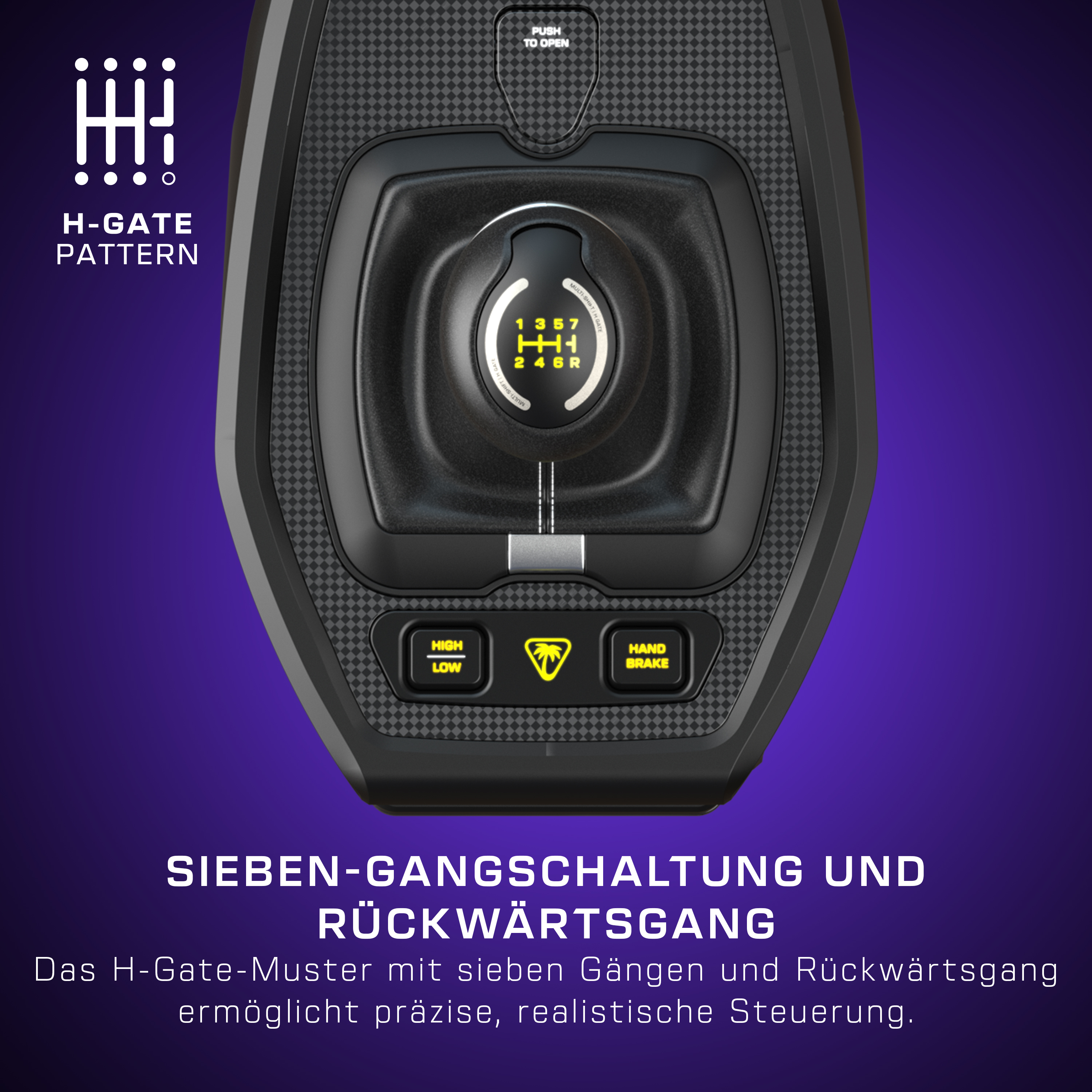 Nahaufnahme eines Autoschalthebels. Schwarz und Grau mit gelbem Gangmuster und Knöpfen.