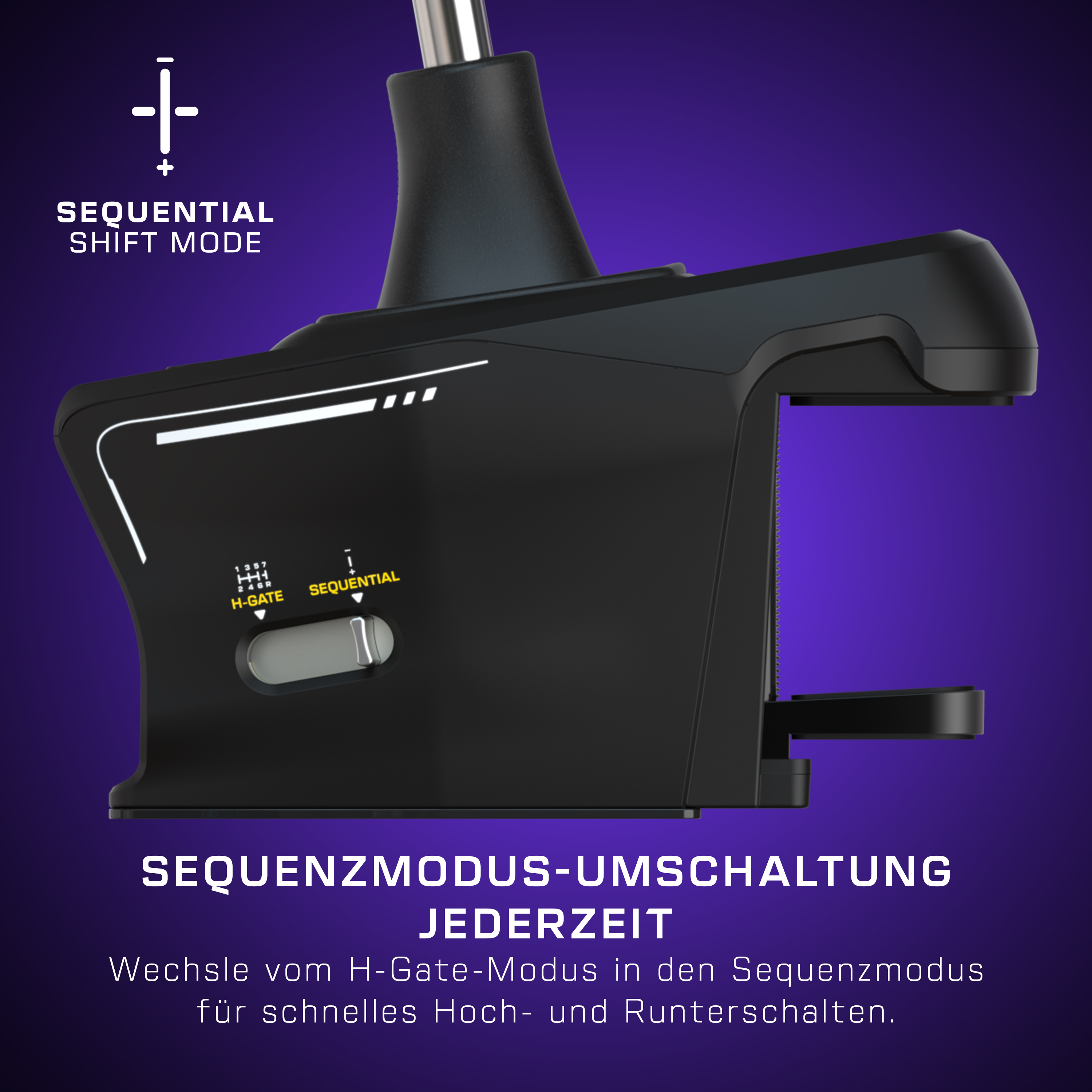 Schwarzes Gerät im sequenziellen Schaltmodus mit gelbem und weißem Text.